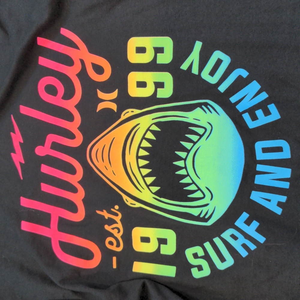 Unisex Kids Hurley Long Sleeve Hooded T-shirt Tee with Shark Teeth Neon Print